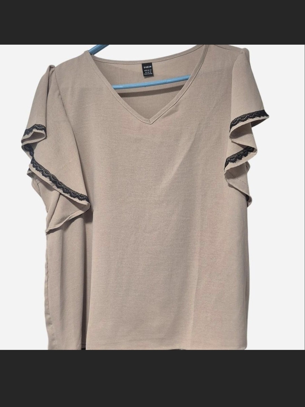 SHEIN Beige V-Neck Flutter Sleeve Top with Black Lace Trim